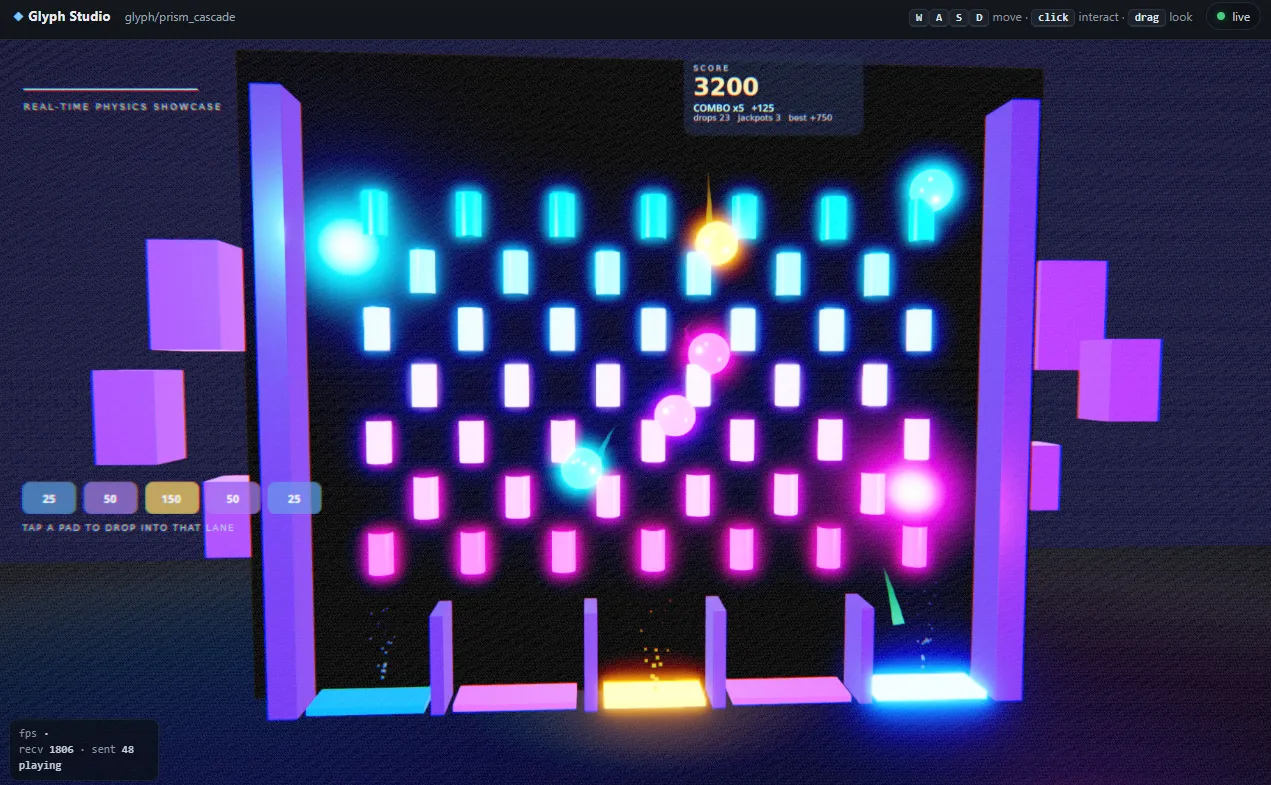 Glyph Studio rendering the prism_cascade showcase: glowing pegs and balls in a 3D physics scene